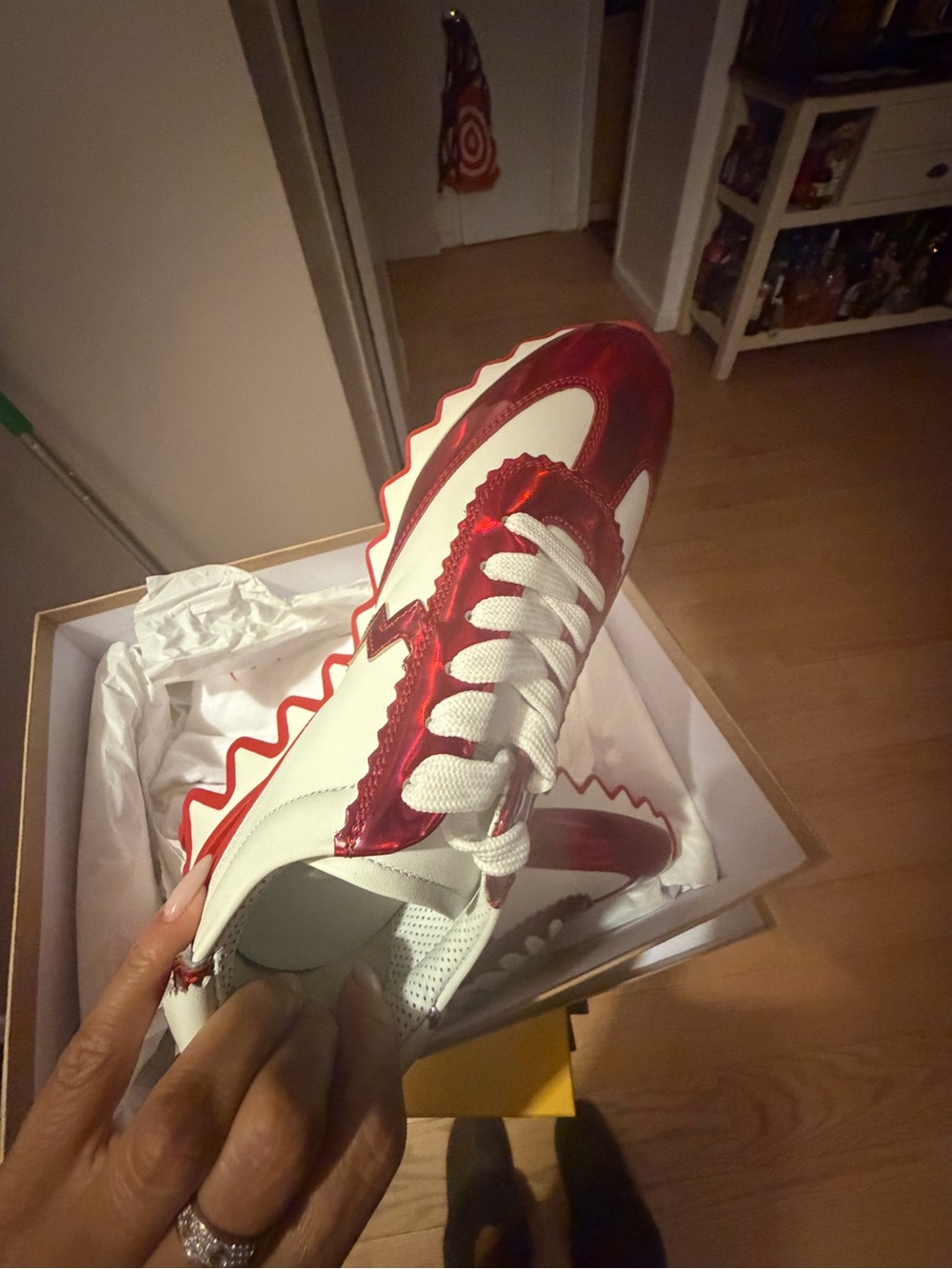 Christian Louboutin Women’s Red & White Metallic Sneakers - Picture 3 of 7